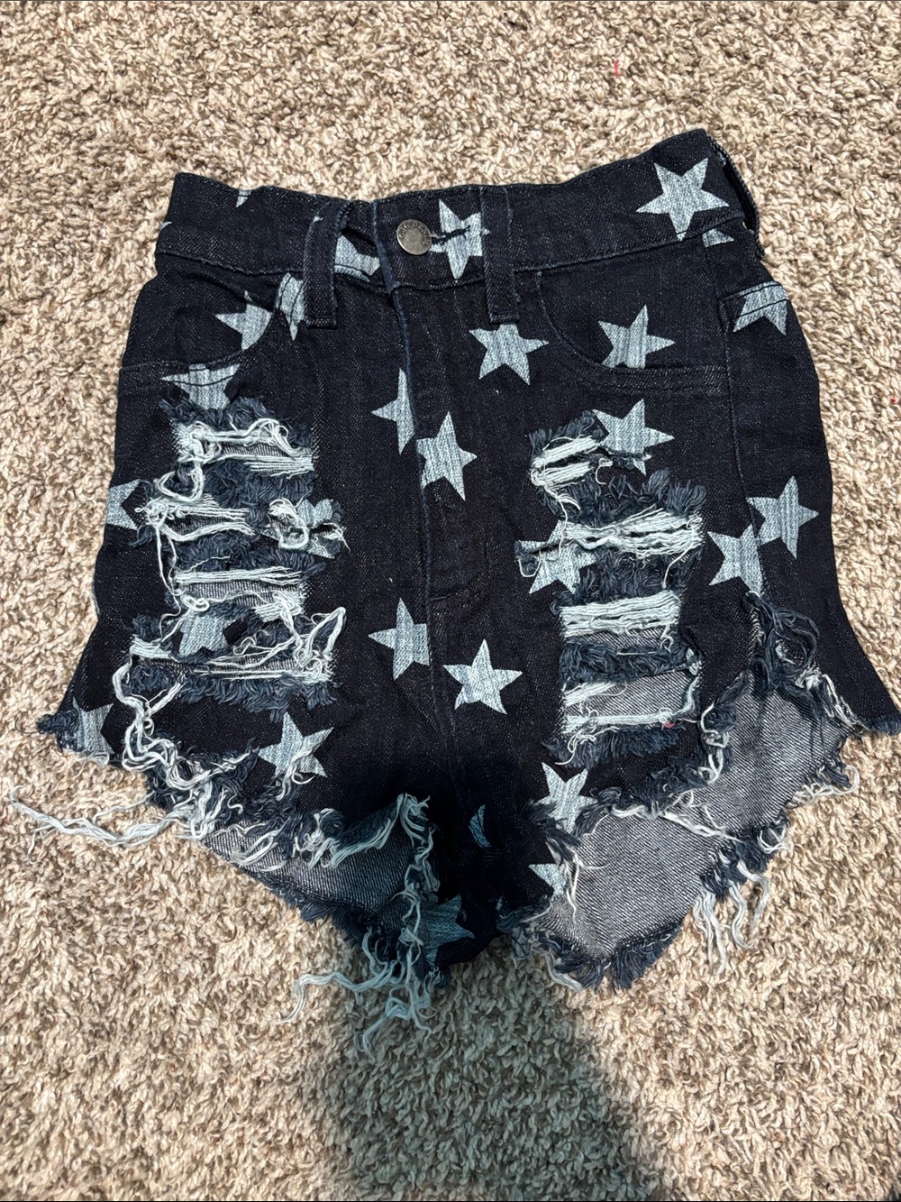 Black Star Print Distressed Denim Shorts